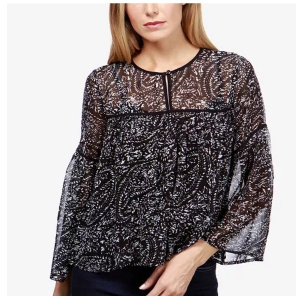Lucky Brand Printed Bell Sleeve Crop Top  XS